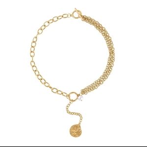 Simulated Pearl Pendant with Link Chain Necklace 20-22 Inches in Goldtone